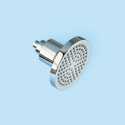 A graphic of the Hydroviv Filtered Showerhead. It's imposed against a light blue background.